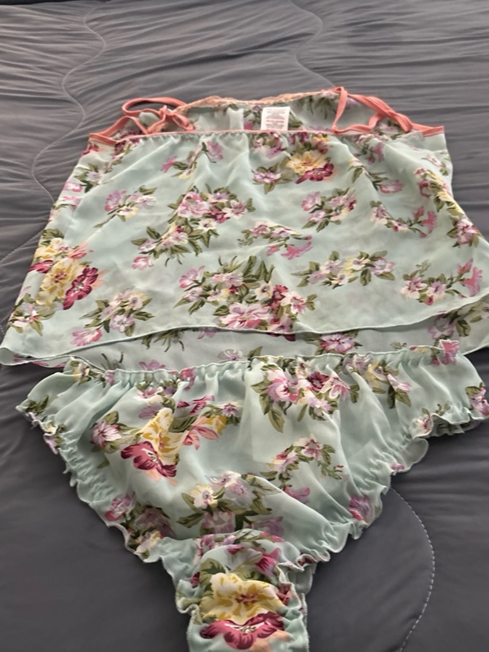 Floral Mint Chiffon Camisole & Brief Sleep Set - Mint/Pink